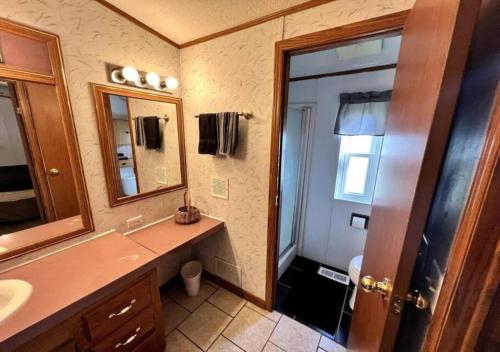 a bathroom with a sink and a mirror at Big Model Home in Bloomington in Bloomington