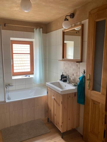 ein Badezimmer mit einer Badewanne, einem Waschbecken und einem Spiegel in der Unterkunft Apartmán u letiště in Frýdlant nad Ostravicí