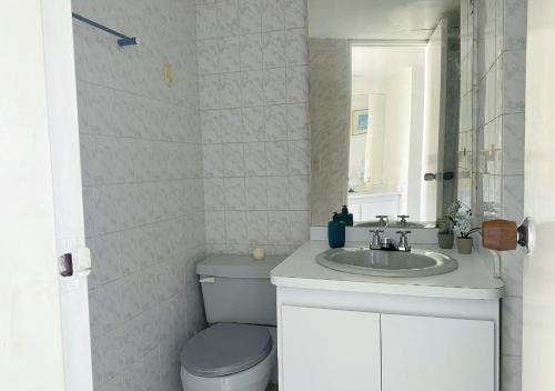 a bathroom with a toilet and a sink and a mirror at Lagunasol in Porlamar