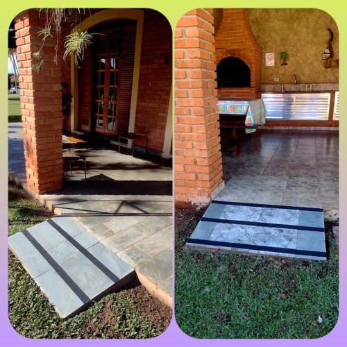 two pictures of a brick building with a patio at Chácara em Boituva com piscina e churrasqueira in Boituva