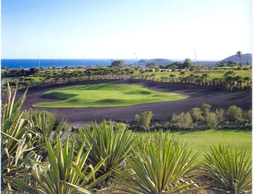 uitzicht op een golfbaan met de oceaan op de achtergrond bij GOLF DEL SUR ALBATROS 5 bed places apartment in San Miguel de Abona