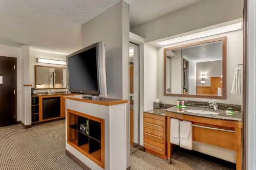a bathroom with a television and a bathroom with a sink at Hyatt Place Kansas City/Overland Park/Convention Center in Overland Park