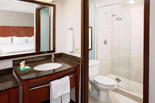 La salle de bains est pourvue d'un lavabo, de toilettes et d'une douche. dans l'établissement Hyatt Place Ontario/Rancho Cucamonga, à Ontario