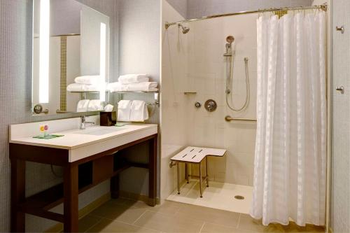 y baño con lavabo y ducha con cortina de ducha. en Hyatt Place St. Paul, en Saint Paul