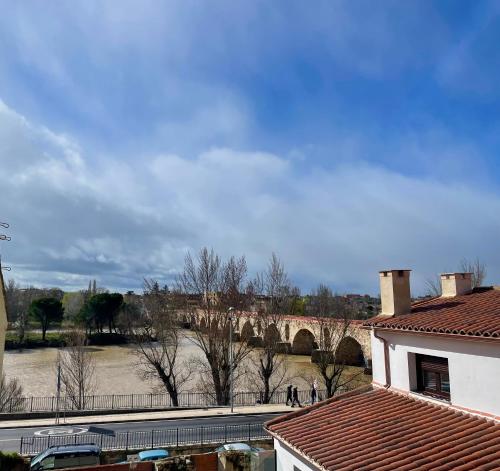 Blick auf einen Fluss mit einer Brücke im Hintergrund in der Unterkunft VUT El Cordón Con garaje in Zamora