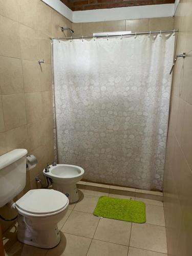 a bathroom with a toilet and a shower at Hotel Aimara in Mina Clavero