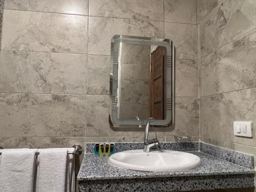 een badkamer met een wastafel en een spiegel bij Golden Gem Hotel in Caïro