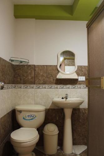 uma casa de banho com um WC, um lavatório e um espelho. em 2 de Mayo Apartamento 2do piso em Tacna