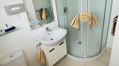 a bathroom with a glass shower and a sink at Alpha Motor Inn in Palmerston North