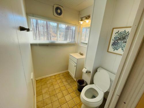 a small bathroom with a toilet and a window at Excelsior at the Manor House in Clemmons