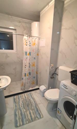 a bathroom with a shower and a toilet and a sink at Apartment for Rent in Gnjilane