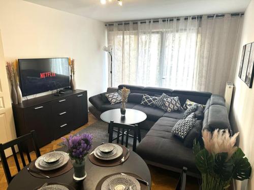 - un salon avec un canapé et une télévision dans l'établissement Charmant appartement aux portes de Paris, à Asnières-sur-Seine