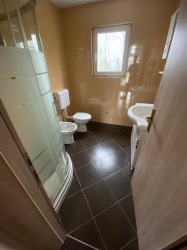 ein Badezimmer mit 2 WCs und einem Waschbecken in der Unterkunft Priroda i društvo in Bosanska Krupa