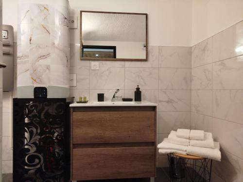 a bathroom with a sink and a mirror at Les Souvenirs d'Alsace in Colmar