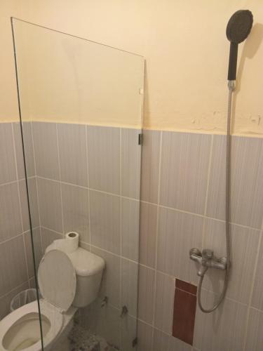a bathroom with a toilet and a shower stall at Hotel V. Maria in Eslabón