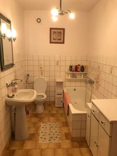 La salle de bains est pourvue d'un lavabo, de toilettes et d'une baignoire. dans l'établissement Hostel Odlot Ławica pokoje na wyłączność, à Poznań