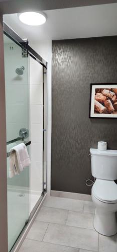 a bathroom with a toilet and a glass shower at La Quinta Inn & Suites by Wyndham Yakima Downtown in Yakima
