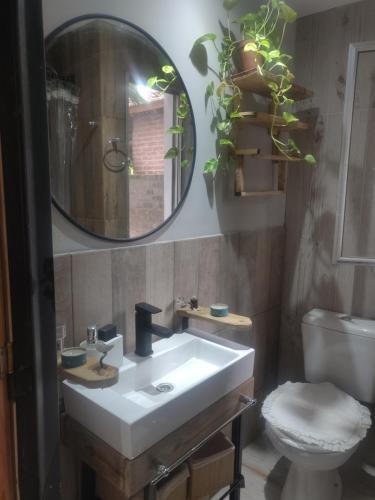 uma casa de banho com um lavatório, um espelho e um WC. em A estrenar, en San Isidro. em Beccar