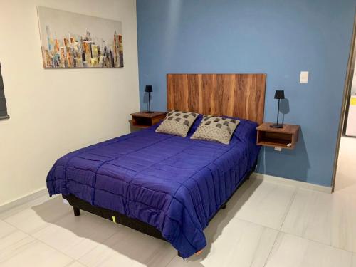 1 dormitorio con 1 cama morada y 2 almohadas en Cómodo Loft Tequis. Facturamos, en San Luis Potosí