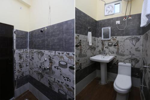 2 fotos de un baño con aseo y lavabo en Hotel Vardan - Ayur Stay, en Bijni