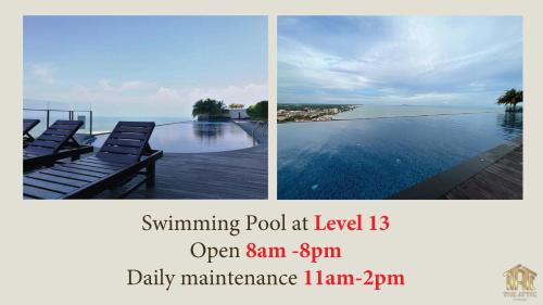 un collage de trois photos d'une piscine et de l'océan dans l'établissement Attic Home Melaka Silverscape Residence & Jonker, à Malacca