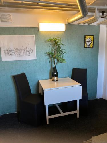 d'une table et de deux chaises avec une plante. dans l'établissement Vanha Kanttorila ,Huone B pohjakerroksessa, à Lovisa