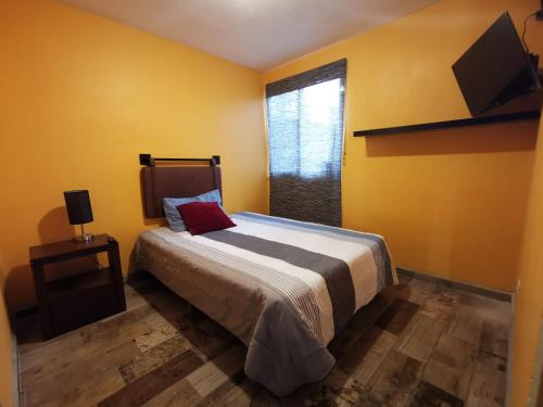 a bedroom with a bed with yellow walls and a window at Habitacion Monte Caseros in Querétaro