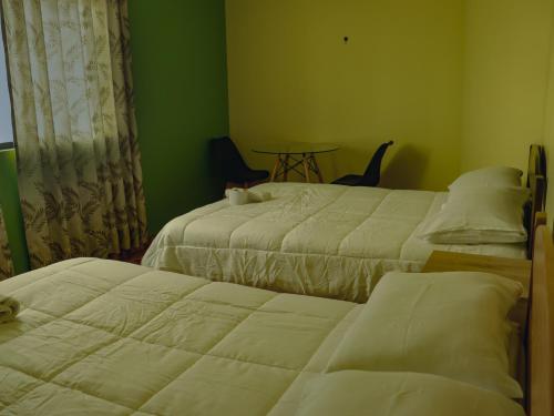 two beds in a room with green walls at Casa Hotel Místico in Ayacucho