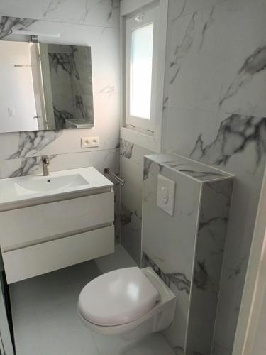 een witte badkamer met een toilet en een wastafel bij "Zee en rust" in De Haan