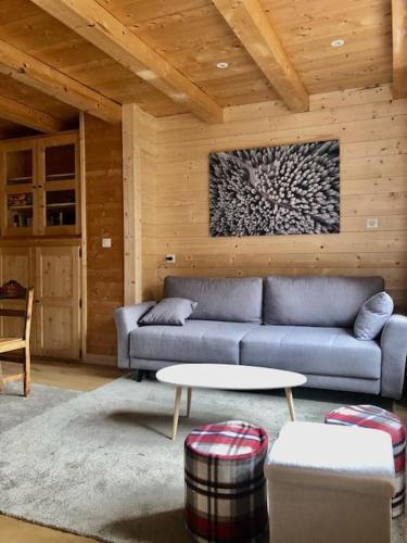un salon avec un canapé bleu et une table dans l'établissement Belle maison traditionnelle - Les Chavonnes, à Courchevel