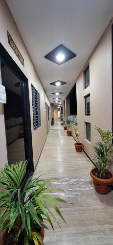 an empty hallway with potted plants in a building at Savali Lodging and Boarding in Chālisgaon