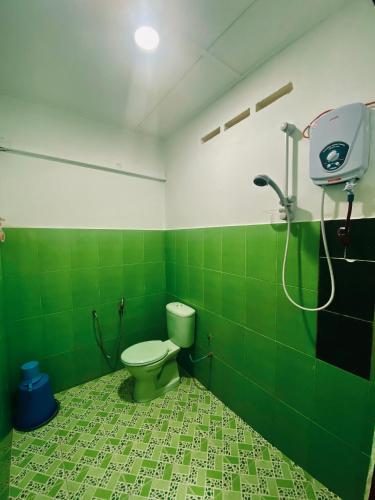 ein grünes Bad mit einem WC und einer Dusche in der Unterkunft Abot guest house in Kuala Tahan