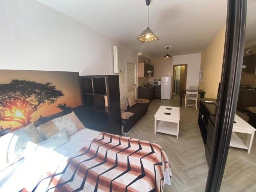 1 dormitorio con 1 cama grande y sala de estar en LARRA LA MEJOR OPCION PARA VER LA WARNER en San Martín de la Vega