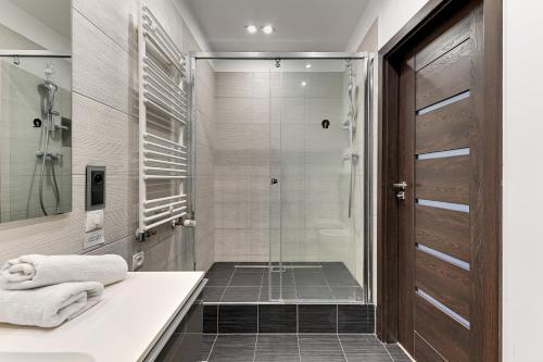 bagno con cabina doccia e lavandino di Szafarnia DeLuxe Apartment Apartinfo a Danzica