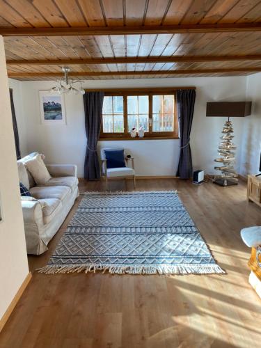 ein Wohnzimmer mit einem Sofa und einem Teppich in der Unterkunft Casa Plaun Martin in Ruschein