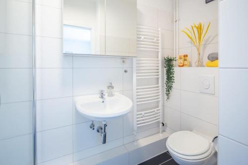 Baño blanco con lavabo y aseo en Schulterblatt-Apartments Hamburg Unit 3 For 5, en Hamburgo