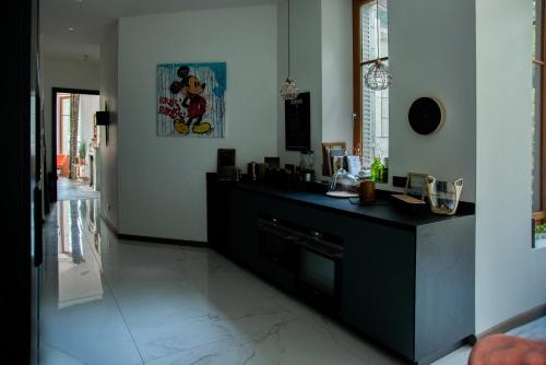 a kitchen with a black counter in a room at Villa Bagatelle in Aix-les-Bains