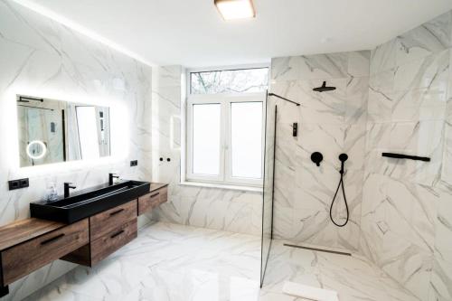 a bathroom with a shower and a sink and a mirror at Hamburg Gem for 12 in Hamburg