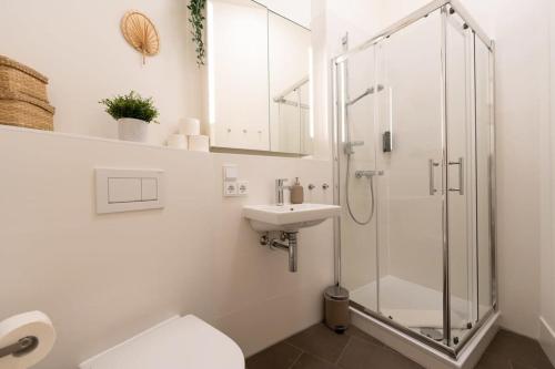 e bagno con doccia, servizi igienici e lavandino. di Großzügige Wohnung in der Nähe vom Quartierpark ad Amburgo