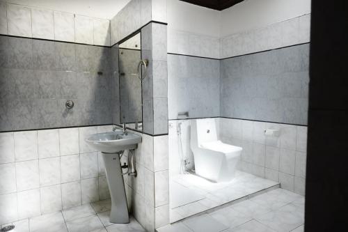 een badkamer met een wastafel en een toilet bij Coorg Mystere - Luxury Homestay in Madikeri