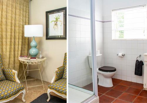 two pictures of a bathroom with a toilet and a chair at Via's Guesthouse in Greyton