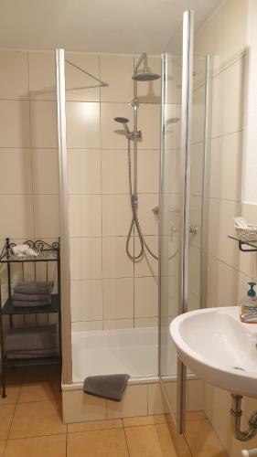 ein Bad mit einer Dusche und einem Waschbecken in der Unterkunft Gästehaus Sibylle in Rust