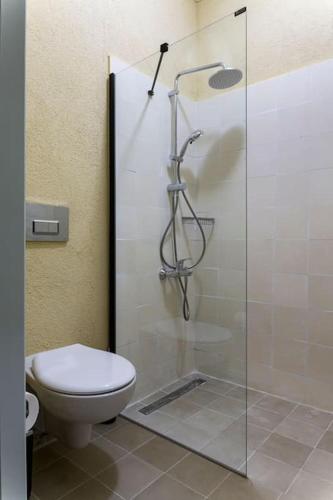 a bathroom with a toilet and a glass shower at Ayvalık merkezde bahçe kullanımlı daire in Ayvalık