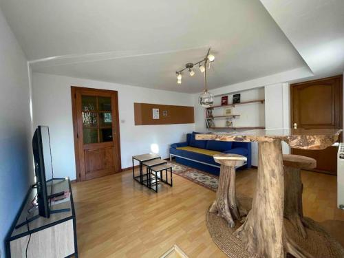 un salon avec un canapé bleu et une télévision dans l'établissement Gîte cosy pour 2 à 4 personnes, village proche Mulhouse, à Burnhaupt-le-Bas