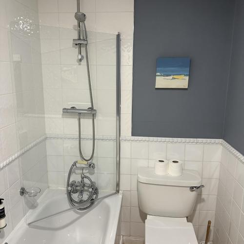 a bathroom with a shower and a toilet and a tub at Tigh an Eilean Hotel in Shieldaig