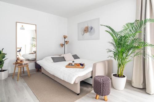 a bedroom with a bed and a mirror and plants at New Splendid Appt Terrace - 5 min Disneyland Paris in Montévrain