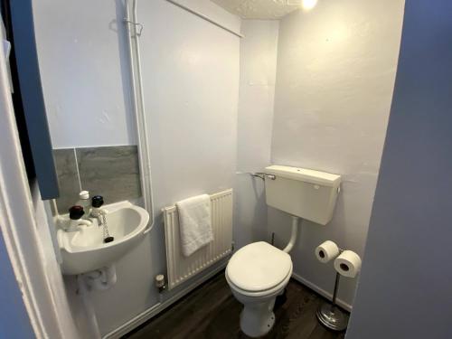 een kleine badkamer met een toilet en een wastafel bij Chelsea House-Huku Kwetu Dunstable-3 Bedroom House - Suitable & Affordable -Business Travellers - Group Accommodation - Comfy, Spacious with Lovely Garden Views in Houghton Regis