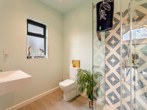 a bathroom with a toilet and a sink at Bluebell Annexe in Sandy