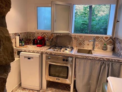 Il comprend une petite cuisine équipée d'une cuisinière et d'un évier. dans l'établissement Maison de village cosy et chaleureuse, à Tavera