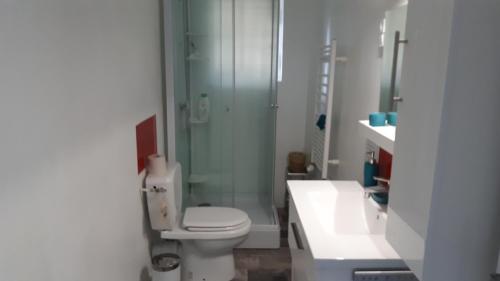 ロルグにあるLa Souleiadoのバスルーム(トイレ、ガラス張りのシャワー付)